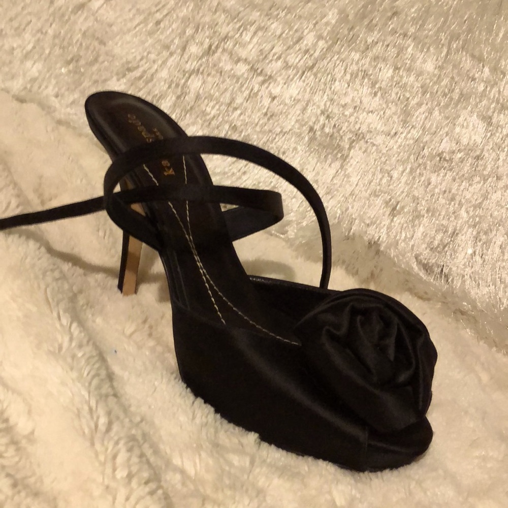 kate spade black satin rosette platform heels